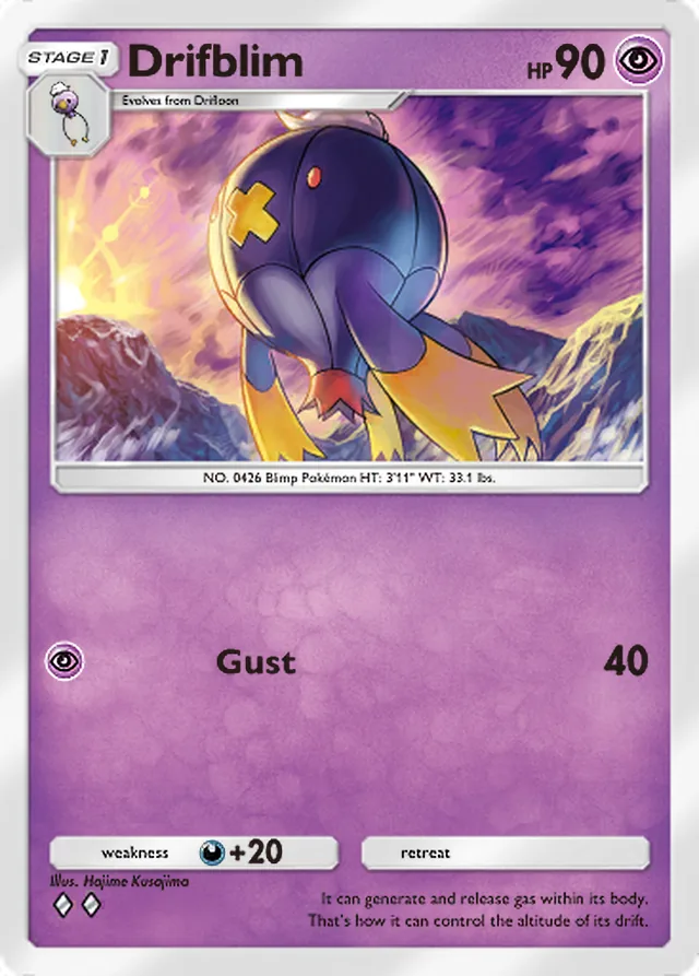 Drifblim, Shining Revelry #034, Stage 1 Psychic Pokémon, illustrated by Hajime Kusajima