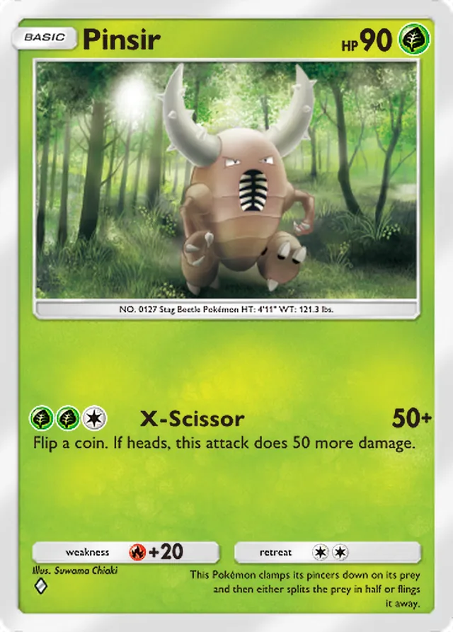 Pinsir, Mega Rising #001, Basic Grass Pokémon, illustrated by Suwama Chiaki