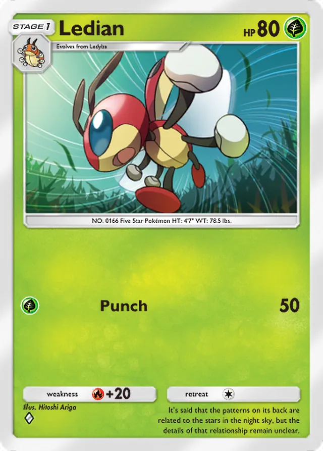 Ledian, Wisdom of Sea and Sky #012, Stage 1 Grass Pokémon, illustrated by Hitoshi Ariga