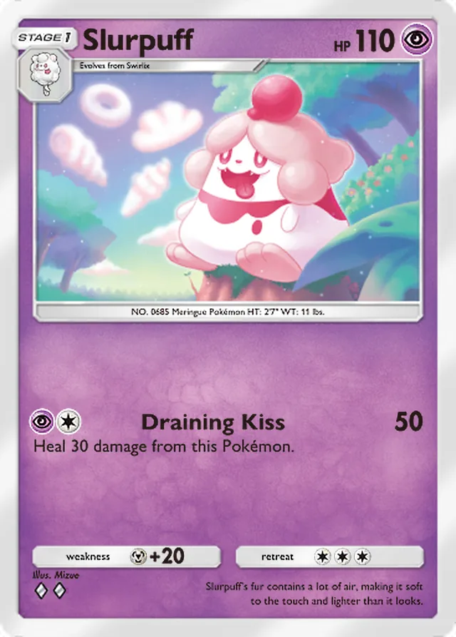 Slurpuff, Mega Rising #118, Stage 1 Psychic Pokémon, illustrated by Mizue