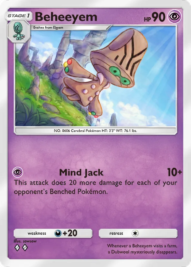 Beheeyem, Mythical Island #035, Stage 1 Psychic Pokémon, illustrated by sowsow