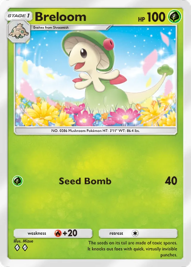 Breloom, Mega Rising #012, Stage 1 Grass Pokémon, illustrated by Mizue
