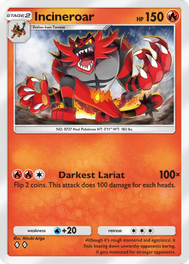 Incineroar, Eevee Grove #013, Stage 2 Fire Pokémon, illustrated by Hitoshi Ariga