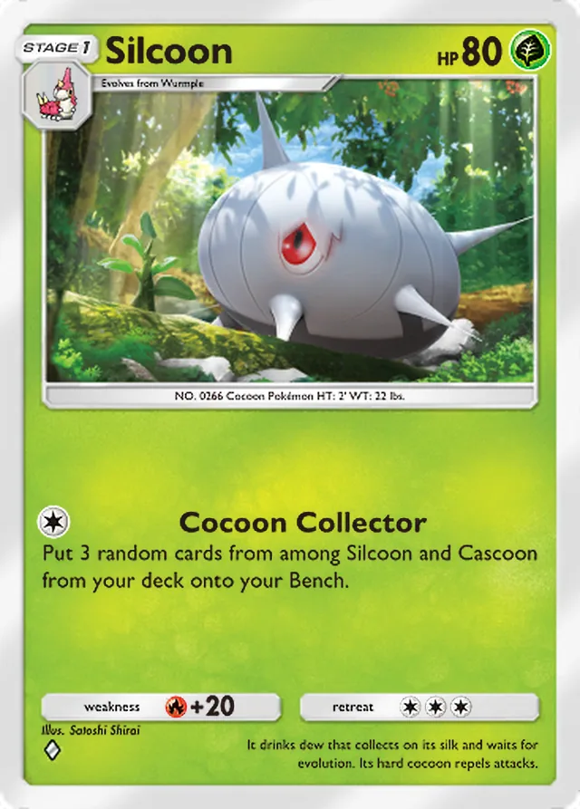 Silcoon, Ruler of the Skies #002, Stage 1 Grass Pokémon, illustrated by Satoshi Shirai