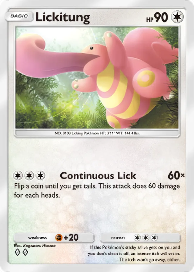 Lickitung, Genetic Apex #201, Basic Colorless Pokémon, illustrated by Kagemaru Himeno