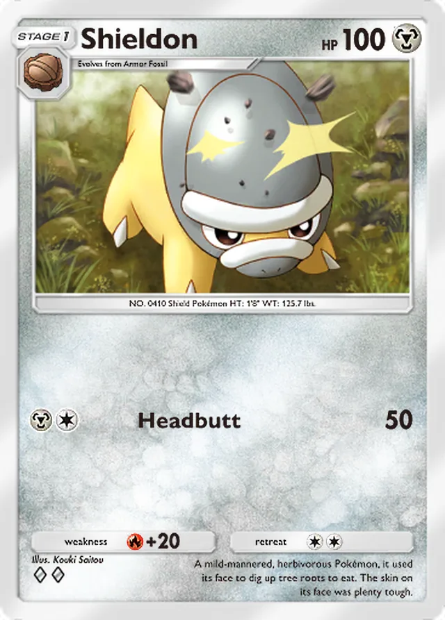 Shieldon, Space-Time Smackdown #113, Stage 1 Metal Pokémon, illustrated by Kouki Saitou