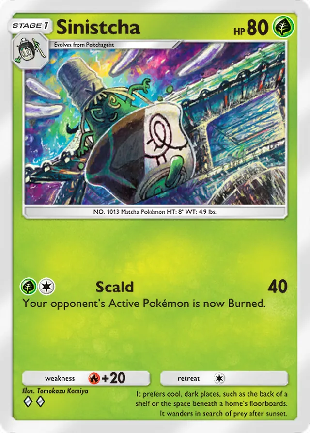 Sinistcha, Ruler of the Skies #018, Stage 1 Grass Pokémon, illustrated by Tomokazu Komiya