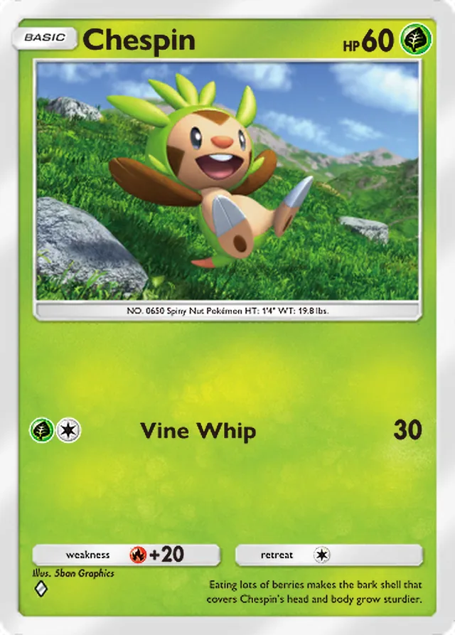 Chespin, Fantastical Parade #008, Basic Grass Pokémon, illustrated by 5ban Graphics