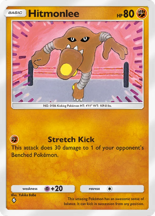 Hitmonlee, Genetic Apex #154, Basic Fighting Pokémon, illustrated by Yukiko Baba