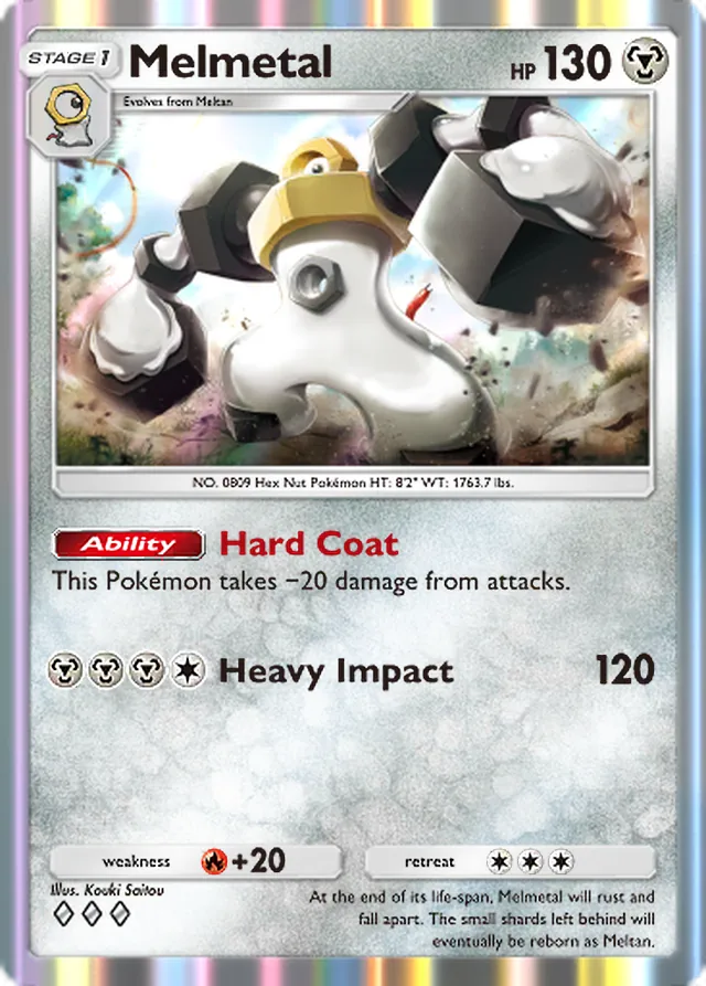 Melmetal, Genetic Apex #182, Stage 1 Metal Pokémon, illustrated by Kouki Saitou