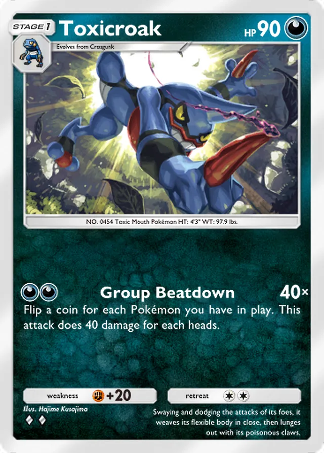 Toxicroak, Space-Time Smackdown #108, Stage 1 Darkness Pokémon, illustrated by Hajime Kusajima