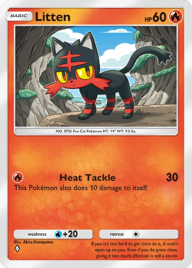 Litten, Celestial Guardians #030, Basic Fire Pokémon, illustrated by Akira Komayama