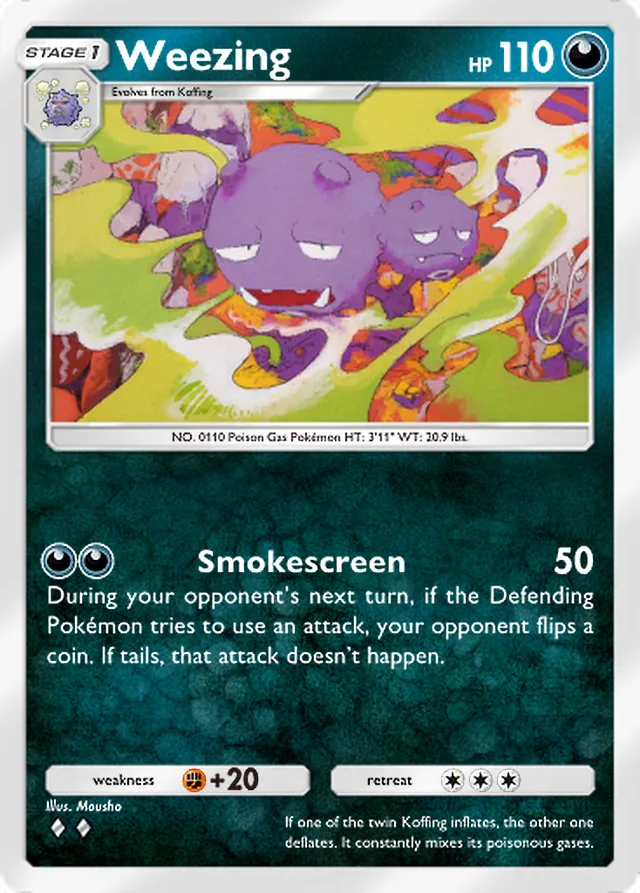 Weezing, Mythical Island #050, Stage 1 Darkness Pokémon, illustrated by Mousho