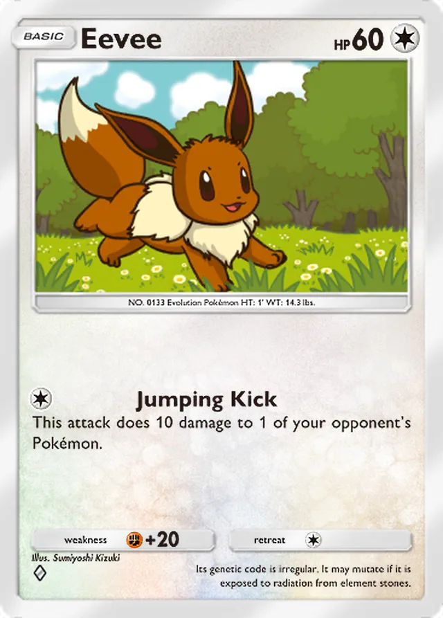 Eevee, Pulsing Aura #129, Basic Colorless Pokémon, illustrated by Sumiyoshi Kizuki
