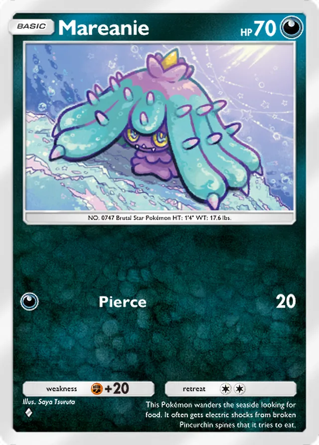Mareanie, Celestial Guardians #115, Basic Darkness Pokémon, illustrated by Saya Tsuruta