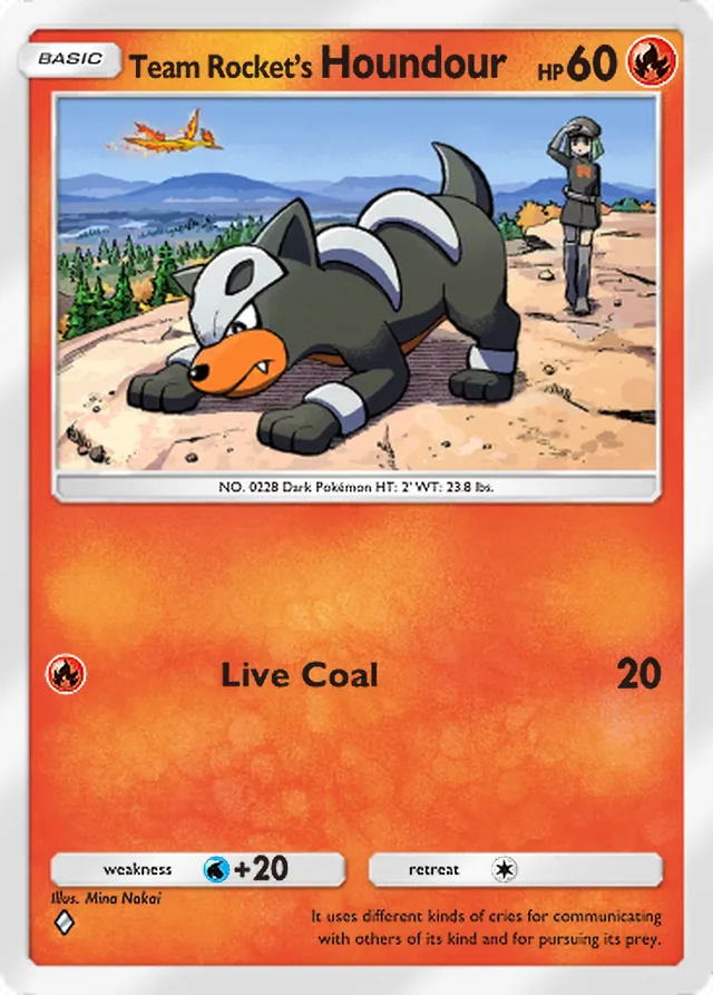 Team Rocket’s Houndour, Team Rocket’s Ambition #008, Basic Fire Pokémon, illustrated by Mina Nakai