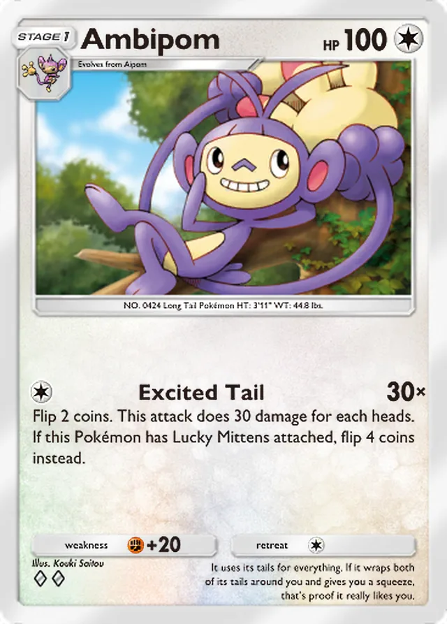 Ambipom, Mega Rising #186, Stage 1 Colorless Pokémon, illustrated by Kouki Saitou