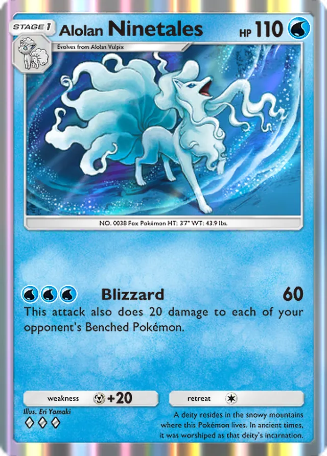 Alolan Ninetales, Celestial Guardians #041, Stage 1 Water Pokémon, illustrated by Eri Yamaki