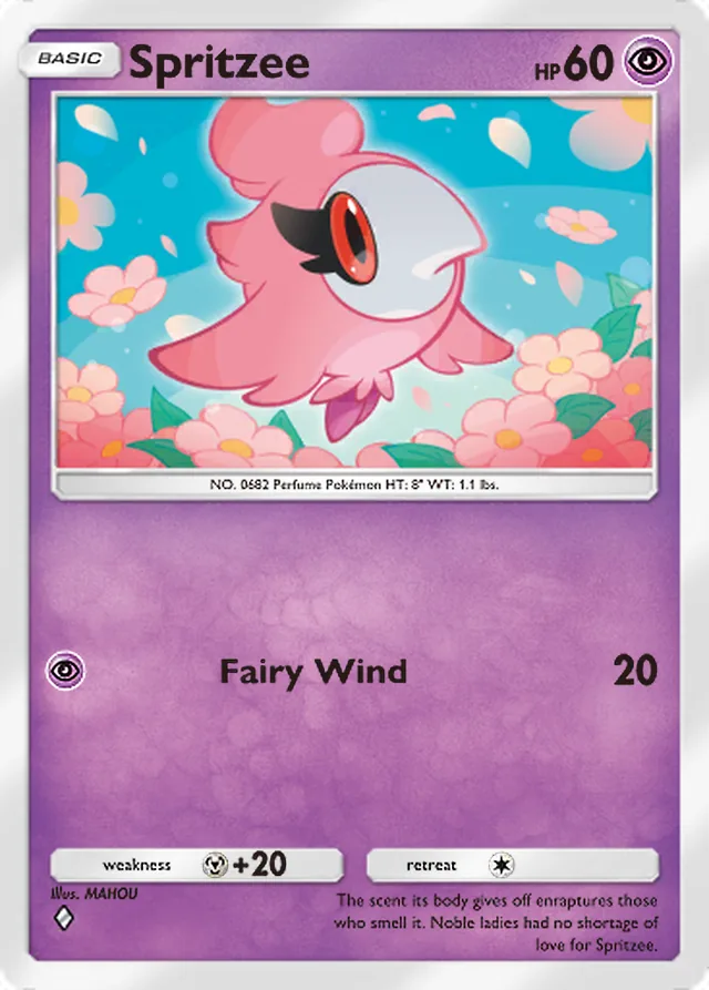 Spritzee, Mega Rising #115, Basic Psychic Pokémon, illustrated by MAHOU