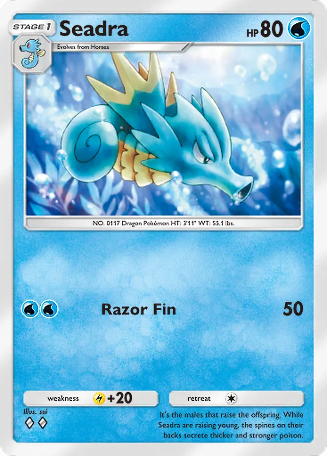 Seadra, Wisdom of Sea and Sky #042, Stage 1 Water Pokémon, illustrated by sui