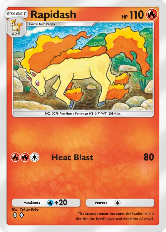 Rapidash, Ruler of the Skies #021, Stage 1 Fire Pokémon, illustrated by Yukiko Baba