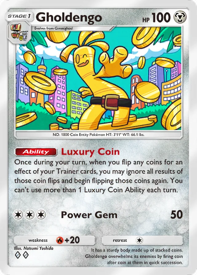 Gholdengo, Team Rocket’s Ambition #051, Stage 1 Metal Pokémon, illustrated by Natsumi Yoshida