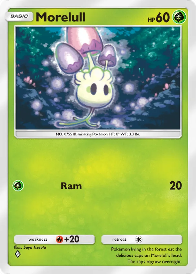 Morelull, Mythical Island #007, Basic Grass Pokémon, illustrated by Saya Tsuruta
