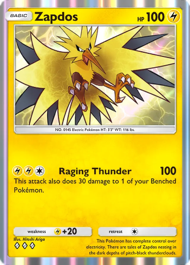 Zapdos, Genetic Apex #103, Basic Lightning Pokémon, illustrated by Hitoshi Ariga