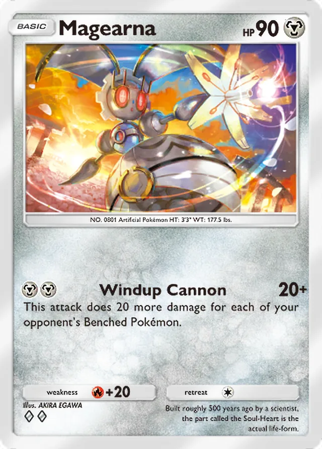 Magearna, Pulsing Aura #121, Basic Metal Pokémon, illustrated by AKIRA EGAWA