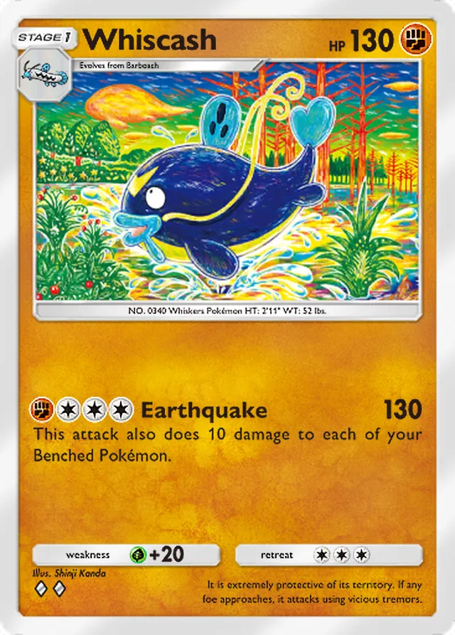 Whiscash, Eevee Grove #039, Stage 1 Fighting Pokémon, illustrated by Shinji Kanda