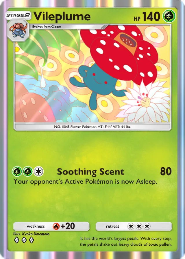 Vileplume, Genetic Apex #013, Stage 2 Grass Pokémon, illustrated by Kyoko Umemoto