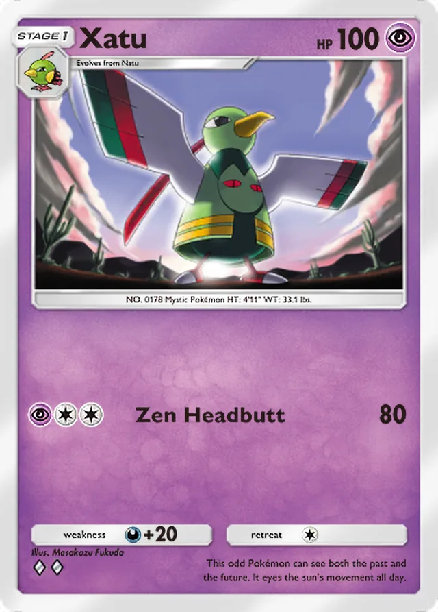 Xatu, Mega Rising #098, Stage 1 Psychic Pokémon, illustrated by Masakazu Fukuda