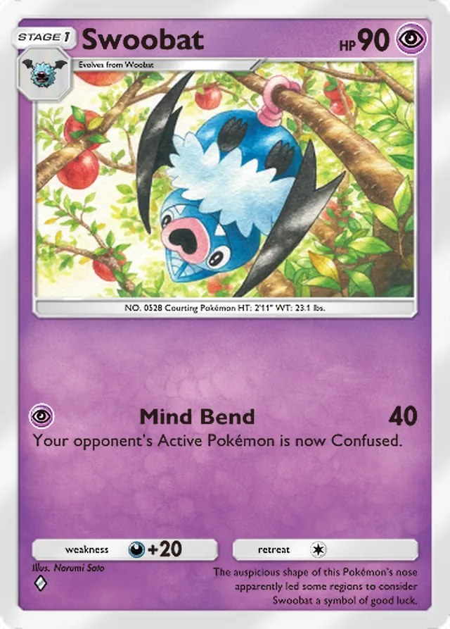 Swoobat, Ruler of the Skies #076, Stage 1 Psychic Pokémon, illustrated by Narumi Sato