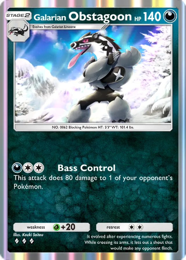 Galarian Obstagoon, Ruler of the Skies #097, Stage 2 Darkness Pokémon, illustrated by Kouki Saitou