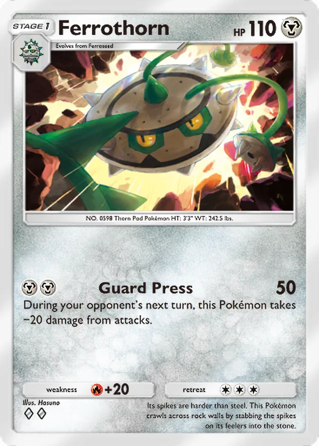 Ferrothorn, Mega Rising #167, Stage 1 Metal Pokémon, illustrated by Hasuno