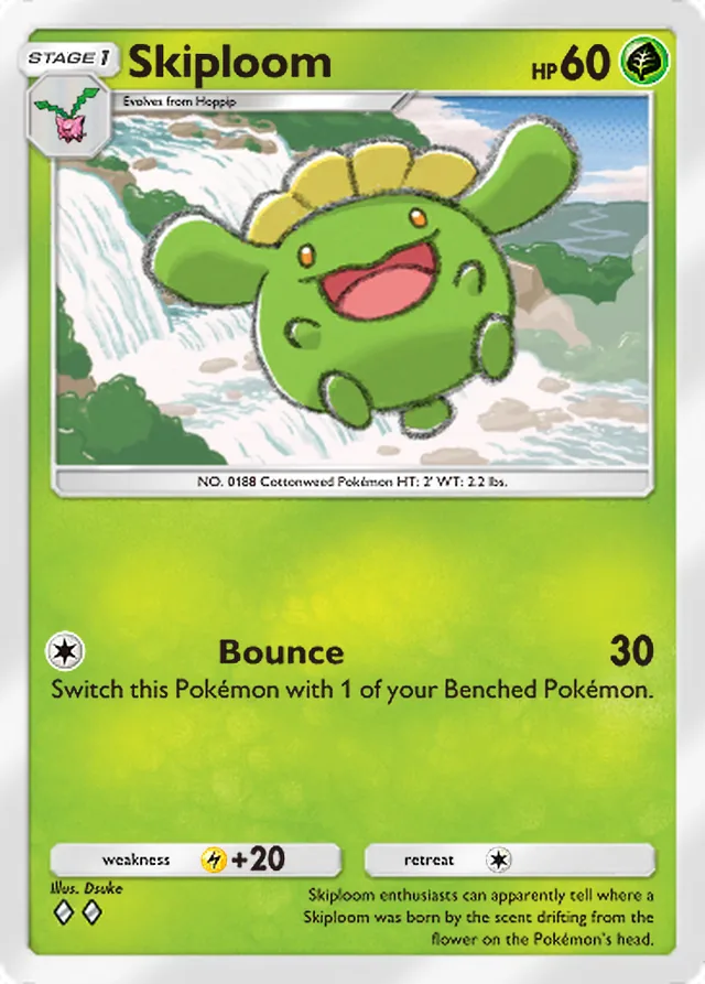 Skiploom, Secluded Springs #002, Stage 1 Grass Pokémon, illustrated by Dsuke