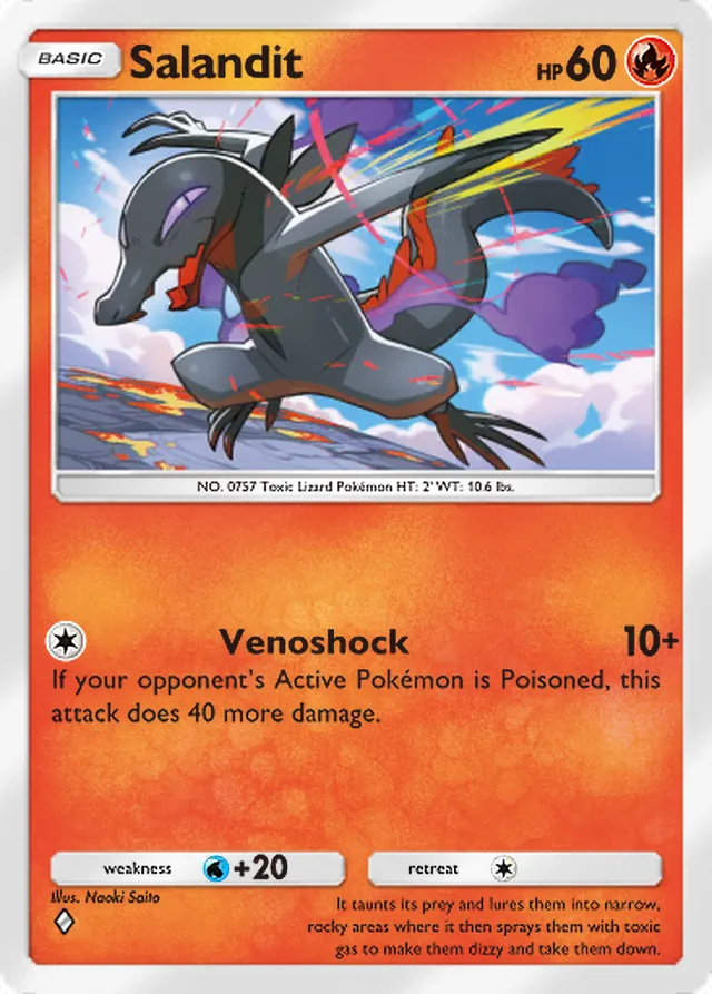 Salandit, Mythical Island #015, Basic Fire Pokémon, illustrated by Naoki Saito