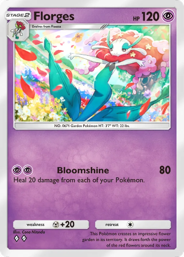 Florges, Mythical Island #038, Stage 2 Psychic Pokémon, illustrated by Cona Nitanda