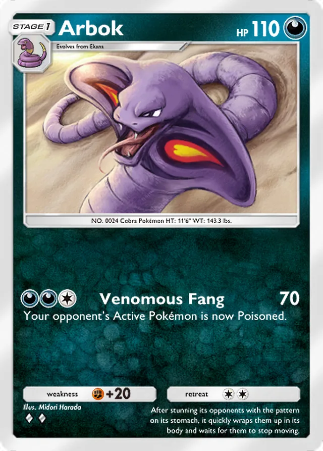 Arbok, Shining Revelry #046, Stage 1 Darkness Pokémon, illustrated by Midori Harada