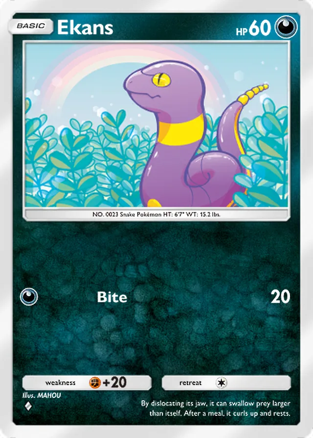 Ekans, Genetic Apex #164, Basic Darkness Pokémon, illustrated by MAHOU