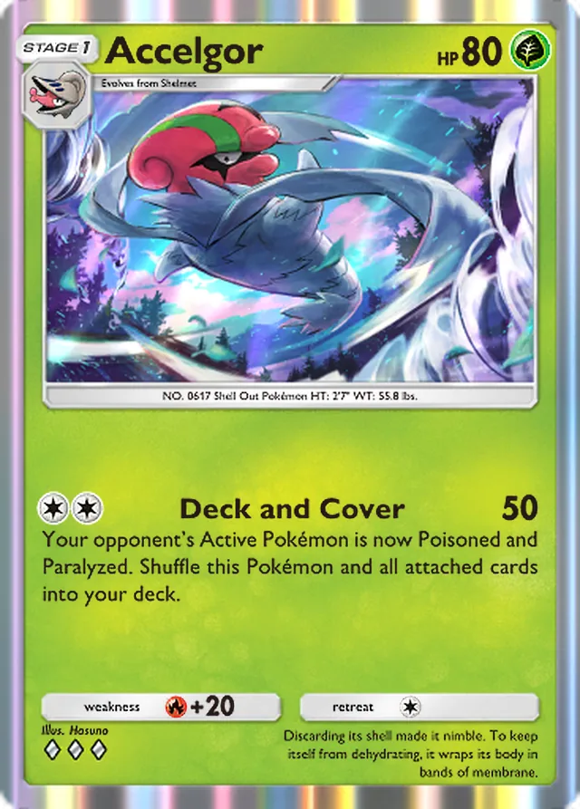 Accelgor, Ruler of the Skies #014, Stage 1 Grass Pokémon, illustrated by Hasuno