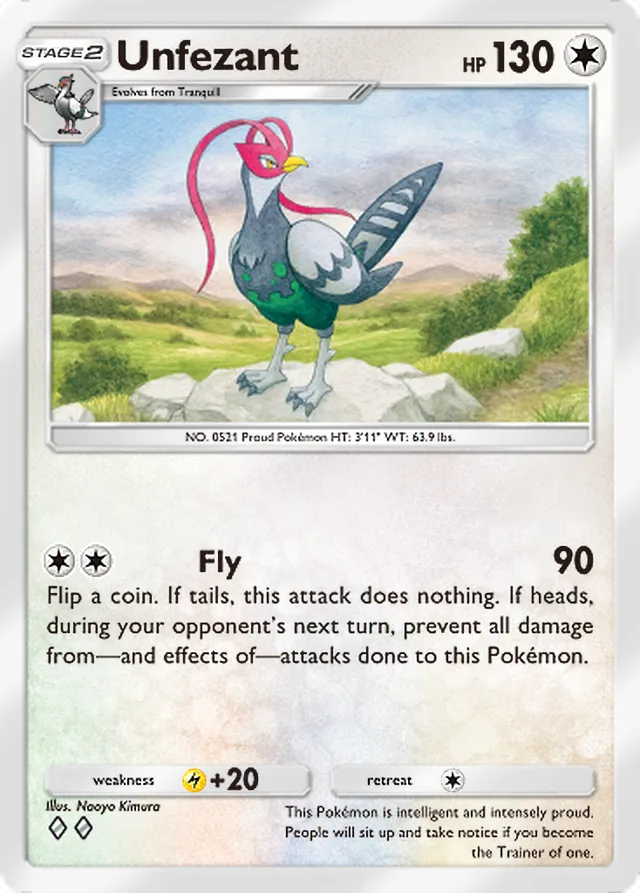 Unfezant, Ruler of the Skies #139, Stage 2 Colorless Pokémon, illustrated by Naoyo Kimura