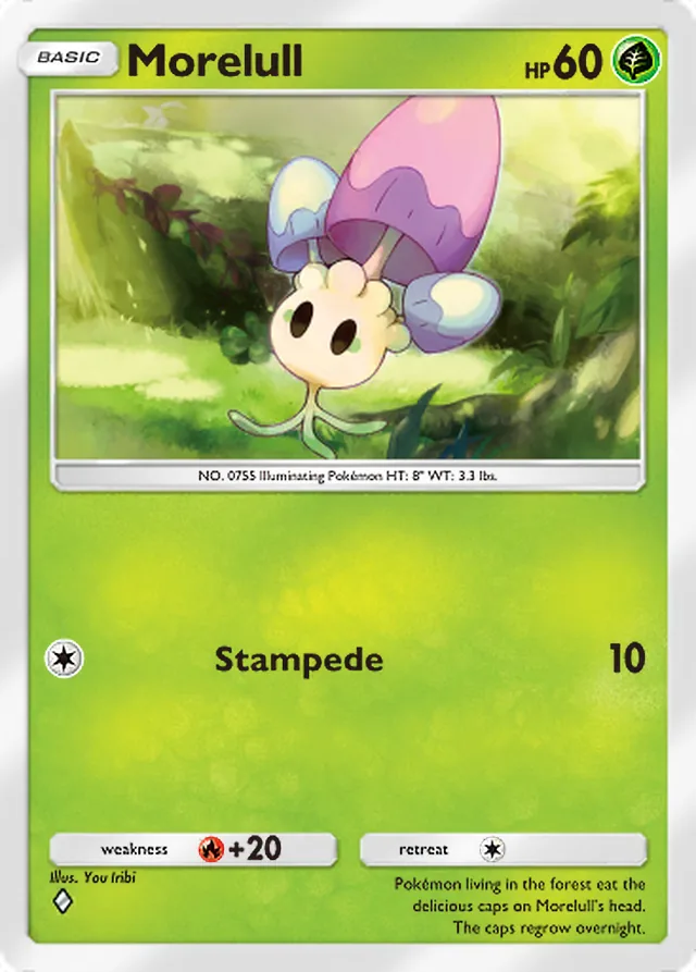 Morelull, Celestial Guardians #016, Basic Grass Pokémon, illustrated by You Iribi