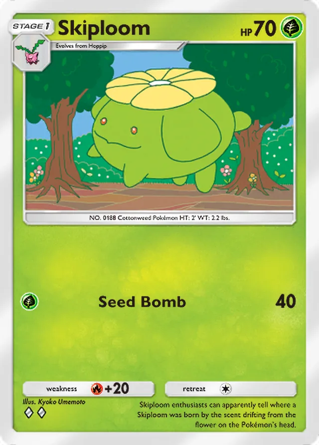 Skiploom, Wisdom of Sea and Sky #014, Stage 1 Grass Pokémon, illustrated by Kyoko Umemoto