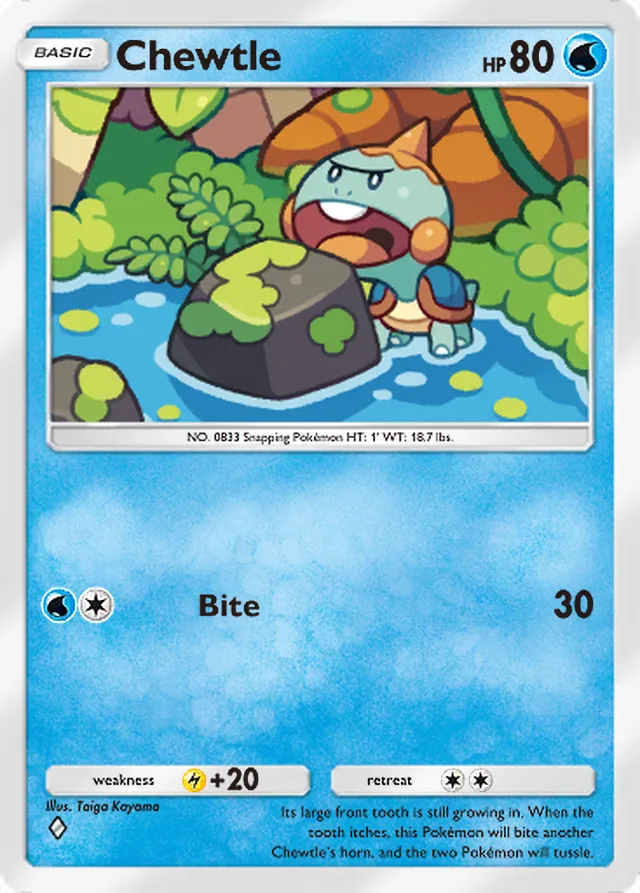 Chewtle, Mythical Island #022, Basic Water Pokémon, illustrated by Taiga Kayama
