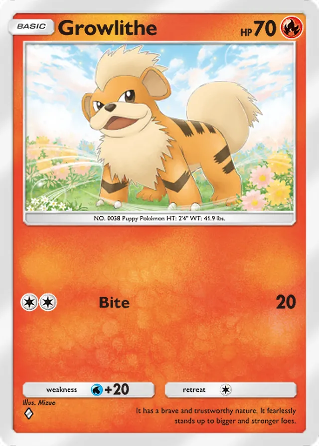 Growlithe, Genetic Apex #039, Basic Fire Pokémon, illustrated by Mizue