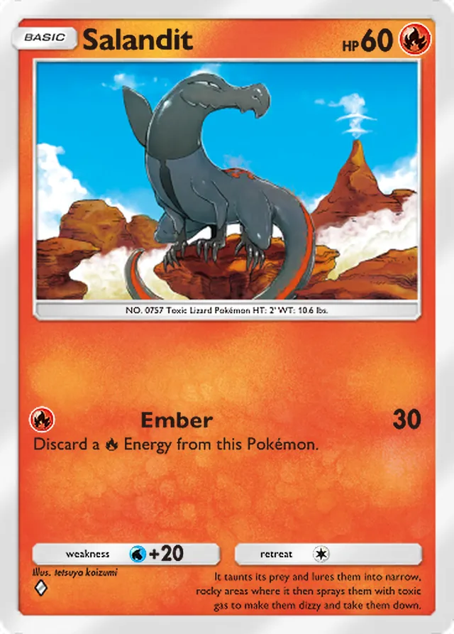 Salandit, Eevee Grove #014, Basic Fire Pokémon, illustrated by tetsuya koizumi