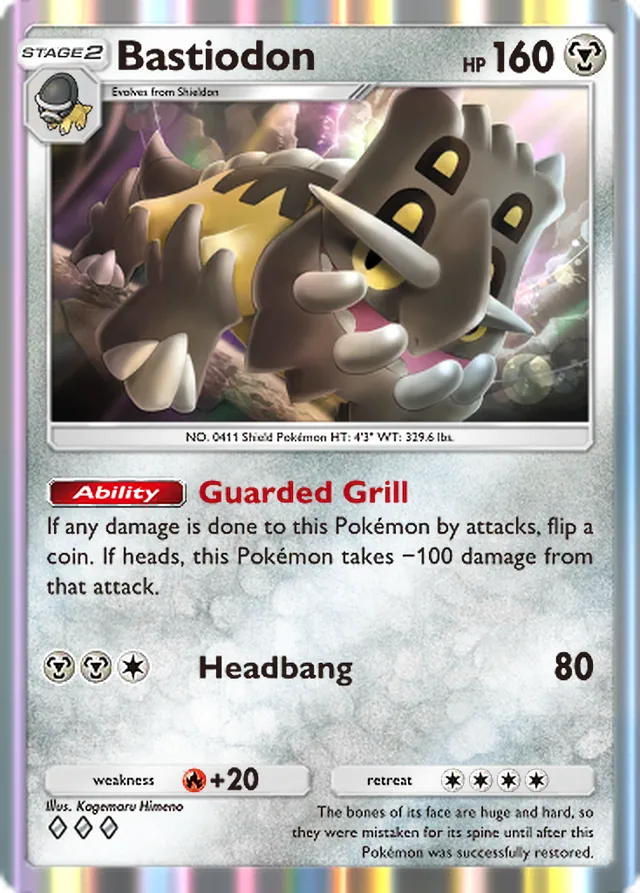 Bastiodon, Space-Time Smackdown #114, Stage 2 Metal Pokémon, illustrated by Kagemaru Himeno