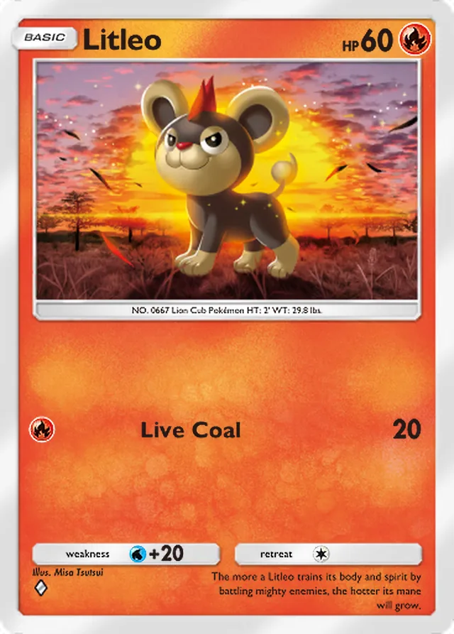 Litleo, Mega Rising #045, Basic Fire Pokémon, illustrated by Misa Tsutsui