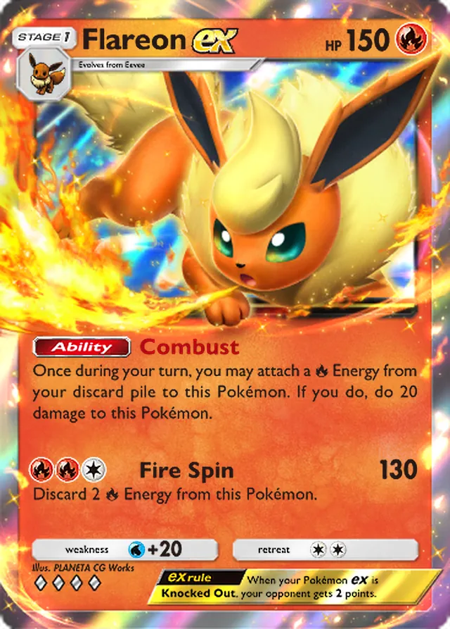 Flareon ex, Eevee Grove #009, Stage 1 Fire Pokémon, illustrated by PLANETA CG Works